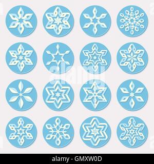 Set di sedici sfumature di blu il simbolo del fiocco di neve Ornamenti natale elementi di design Illustrazione Vettoriale