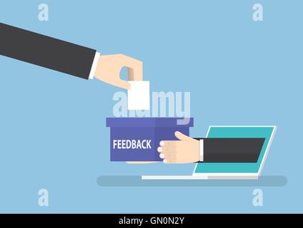 Imprenditore mano con feedback scatola sporgente dal monitor di un laptop, il marketing online e il concetto di feedback Illustrazione Vettoriale