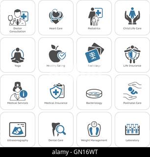 Assistenza medica e sanitaria set di icone. Design piatto. Illustrazione Vettoriale