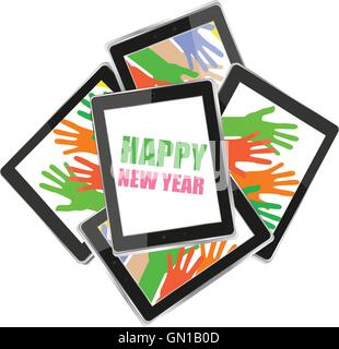 Smart phone con il vettore Felice Anno Nuovo saluti sullo schermo, vettore holiday card Illustrazione Vettoriale