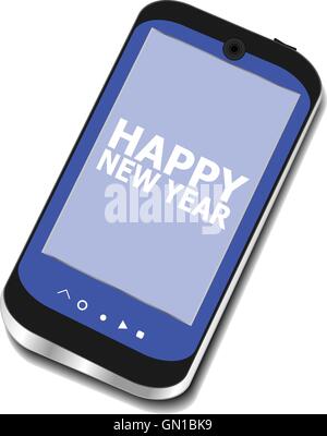 Smart phone con Felice Anno Nuovo saluti sullo schermo, vettore holiday card Illustrazione Vettoriale