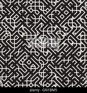 Vector Seamless in bianco e nero griglia irregolare Linea circuito modello geometrico Illustrazione Vettoriale