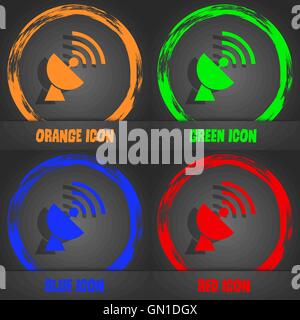 Antenna satellitare icona. Alla moda in stile moderno. In arancione, verde, blu, rosso design. Vettore Illustrazione Vettoriale