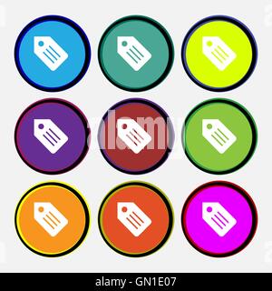 Gli adesivi di Web, tag e banner icona segno. Nove multi colore pulsanti rotondi. Vettore Illustrazione Vettoriale