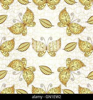Seamless pattern bianco con oro farfalle Illustrazione Vettoriale