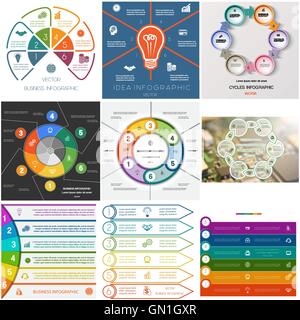 Impostare 9 modelli. Business Infographics concettuale processi ciclici a sei posizioni possibili da utilizzare per il flusso di lavoro, banner Illustrazione Vettoriale