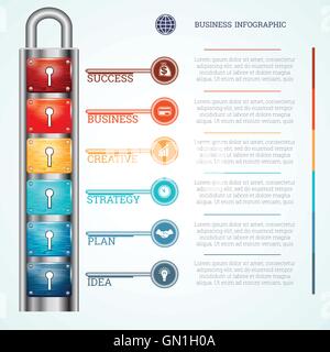 Abstract concetto creativo vettore infographics business, modello lucchetto con sei serrature e chiavi, posizionare un testo di 6 posizioni Illustrazione Vettoriale