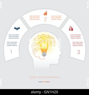 Testa lampadina, cervello, idea concettuale infographics template vettoriale tre posizioni per area di testo, la possibilità di utilizzare per il flusso di lavoro Illustrazione Vettoriale