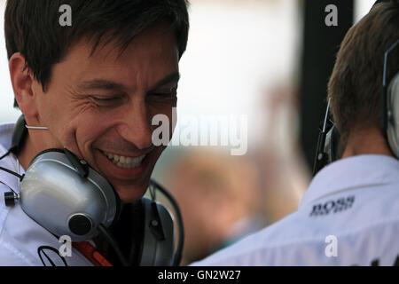 Spa-Francorchamps, Belgio. 28 Agosto, 2016. Gran Premio di Belgio di F1, il giorno della gara. Mercedes AMG Petronas boss Toto Wolff celebra sul muretto dei box come suoi piloti prendere 1° e 3° credito: Azione Plus sport/Alamy Live News Foto Stock