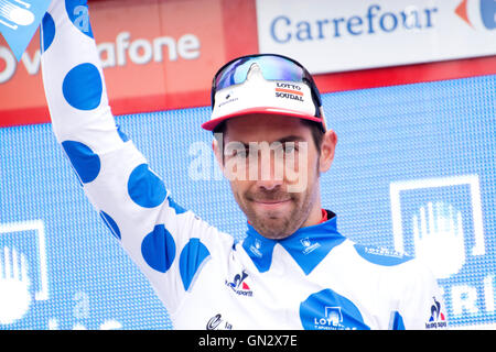 Oviedo, Spagna. 28 Agosto, 2016. Thomas De Gendt (Lotto Soudal) come leader di classificazione di montagna a podio della nona tappa della corsa di ciclismo de 'La Vuelta a España " (Tour di Spagna) tra a Cistierna e la salita del Naranco il 28 agosto 2016 a Oviedo, Spagna. Credito: David Gato/Alamy Live News Foto Stock