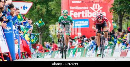 Oviedo, Spagna. 28 Agosto, 2016. Pello Bilbao (Caja Rural) e Thomas De Gent (Lotto Soudal) terminare la nona tappa della corsa di ciclismo de 'La Vuelta a España " (Tour di Spagna) tra a Cistierna e la salita del Naranco il 28 agosto 2016 a Oviedo, Spagna. Credito: David Gato/Alamy Live News Foto Stock