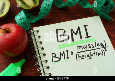 BMI indice di massa corporea (metrica formula) scritto su un foglio di blocco note. Foto Stock