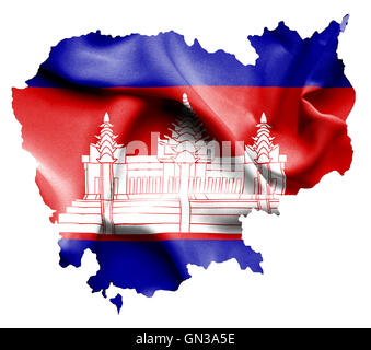 Mappa di Cambogia con sventola bandiera isolato su bianco Foto Stock