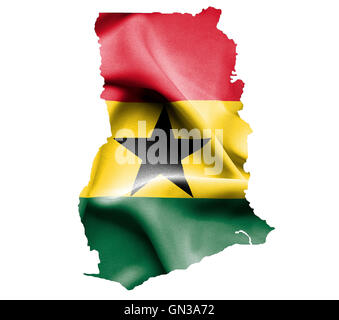 Mappa di Ghana con sventola bandiera isolato su bianco Foto Stock