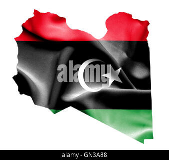 Mappa di Libia con sventola bandiera isolato su bianco Foto Stock