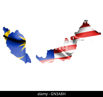Mappa di Malesia con sventola bandiera isolato su bianco Foto Stock