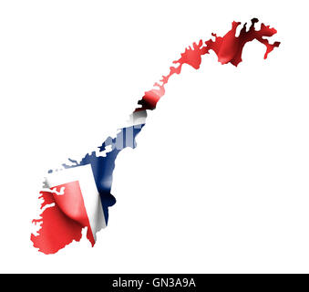 Mappa di Norvegia con sventola bandiera isolato su bianco Foto Stock