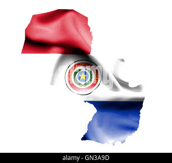 Mappa di Paraguay con sventola bandiera isolato su bianco Foto Stock