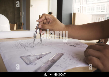 Architetto, architettura, Cianografia,ingegnere,costruzione,creative,idea, interni,workspace, scrittura,l'ingegneria,progetto Foto Stock