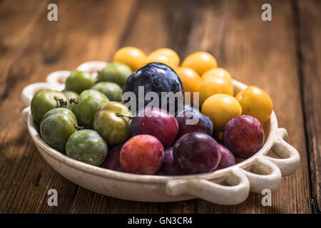 Varietà di prugne in ciotola rustico fro orchand, autunno frutta di stagione Foto Stock