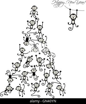 Albero di natale con divertenti scimmie per il tuo design Illustrazione Vettoriale