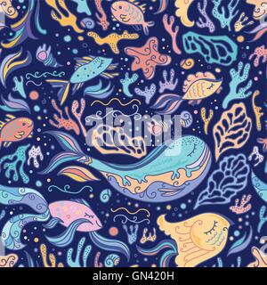 Carino modello blu con animali marini Illustrazione Vettoriale