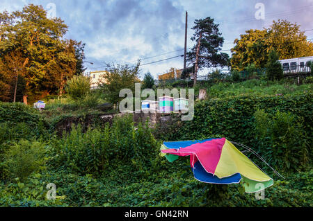 Un ombrello coloratissimo accanto al dipinto luminosamente alveari presso un giardino urbano a Pittsburgh's polacco Hill quartiere. Foto Stock