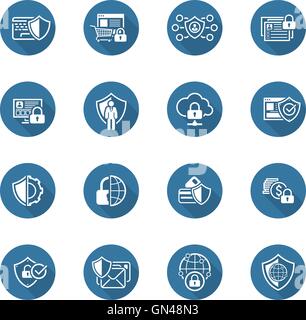 Design piatto e Protezione set di icone. Illustrazione Vettoriale