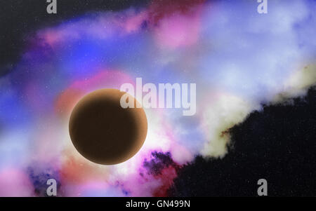 Vista panoramica di deep outer space con planet, stelle nebulosa. Fondo cosmico. Esplorazione dello spazio paesaggio. Universo scena Foto Stock