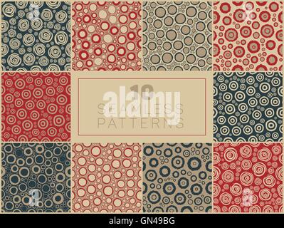 Set di dieci Seamless disegnati a mano ruvida la linea Circle forme rotonde accozzaglia Patterns Illustrazione Vettoriale