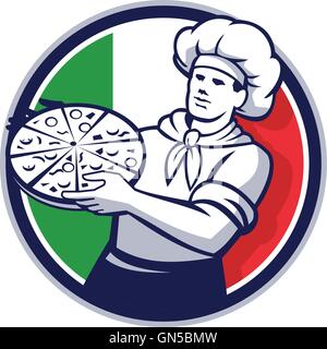 Pizzaiolo Azienda Pizza Italia bandiera cerchio retrò Illustrazione Vettoriale