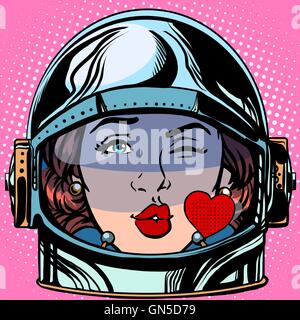 Emoticon bacio amore faccia Emoji donna astronauta retrò Illustrazione Vettoriale