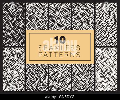 Set di dieci Vector Seamless in bianco e nero arrotondato organica accozzaglia Maze pattern di linee Illustrazione Vettoriale