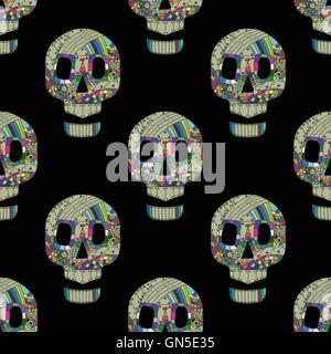 Teschi colorati su sfondo nero - seamless pattern Illustrazione Vettoriale