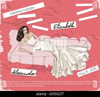 Poster Vintage con splendidi abiti da sposa. Illustrazione Vettoriale