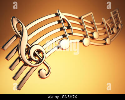 Golden note musicali e chiave di violino sulle corde musicali su sfondo giallo. 3d illustrazione Foto Stock