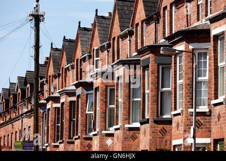 Fila di alloggiamento superiore windows in tre piani terrazzati case cittadine Vittoriane in una strada a sud di Belfast Regno Unito Foto Stock