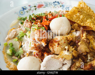 Spicy Dried Noodles con carne di maiale, pesce palla e wonton fritto, il fuoco selettivo Foto Stock