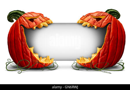 Halloween jack o lanterna segno vuoto con due spaventose zucca caratteri su un vista laterale di mordere in una carta bianca come un simbolo per caduta e autunno festose comunicazione con 3D'illustrazione degli elementi. Foto Stock
