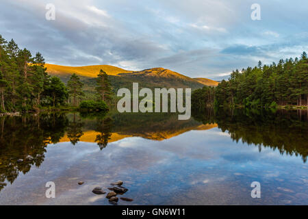 Loch un Eilean, Rothiemurchus, Scozia al tramonto Foto Stock