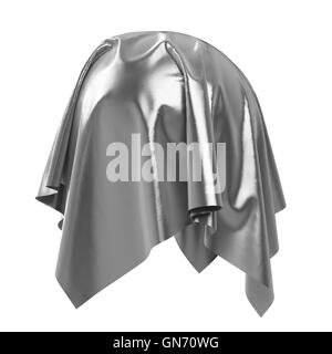 Campo coperto con argento lucido materiale tessuto. Isolato su sfondo bianco. Sorpresa e si aggiudica il premio, Presentazione del concetto. Ri Foto Stock
