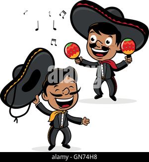 Mariachi messicani uomini che indossano sombreros, cantare e suonare le maracas. Illustrazione Vettoriale