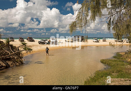 Gruppo di veicoli a trazione integrale e la gente sulla spiaggia di sabbia a fianco di Eli Creek, con l'uomo guadare in acque poco profonde su Fraser Island Foto Stock