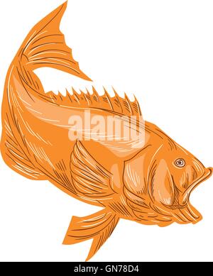 Disegno stile sketch illustrazione di un largemouth bass pesce diving visto dal lato impostato su isolato sullo sfondo bianco. Illustrazione Vettoriale