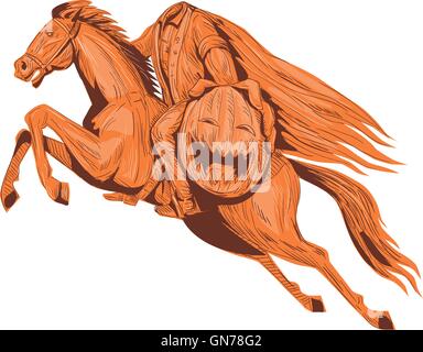 Schizzo di disegno stile di illustrazione il Headless Horseman o al galoppo Hessian di Sleepy Hollow in sella ad un cavallo e tenendo fuori Illustrazione Vettoriale