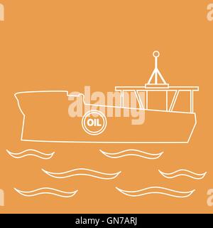 Icona stilizzata della silhouette tanker di olio galleggiante su onde su uno sfondo colorato Illustrazione Vettoriale