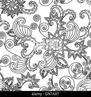 Senza cuciture ornamentali floreali disegno vettoriale con contorni neri di foglie e fiori su sfondo bianco Illustrazione Vettoriale