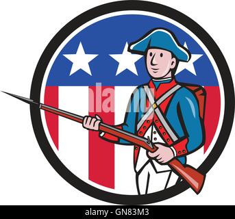 American Soldato Rivoluzionario bandiera degli Stati Uniti cerchio Cartoon Illustrazione Vettoriale