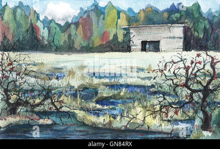 Paesaggio ad acquarello dipinto originale Foto Stock