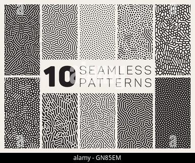 Set di dieci Vector Seamless in bianco e nero arrotondato organica accozzaglia Maze pattern di linee Illustrazione Vettoriale